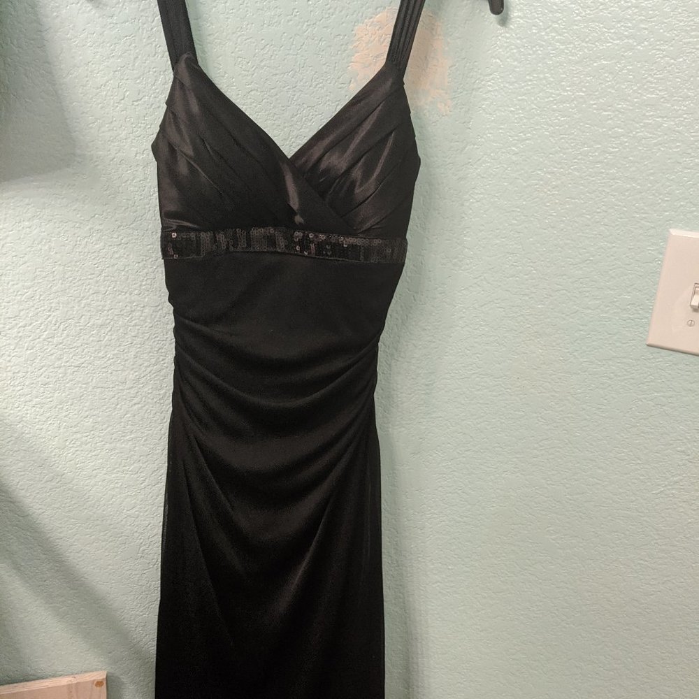 Black satin thin strap cocktail dress